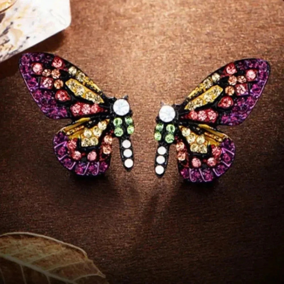 Flutterby Butterfly Pink Crystal Gold Earrings - Picture 2 of 9
